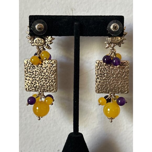 Celestial Sun & Moon Statement Pierced Earrings Yellow & Purple Glass Beads Boho - Picture 2 of 6